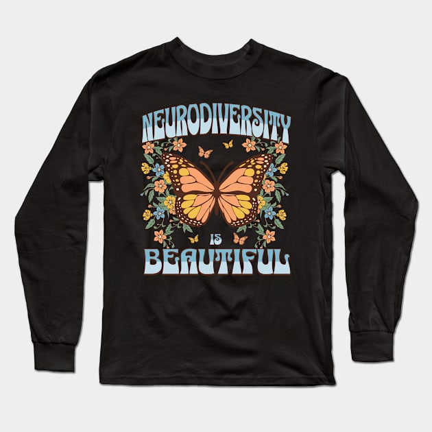 Neurodiversity is Beautiful Neurospicy Autism Pride Boho Butterfly Long Sleeve T-Shirt by PUFFYP